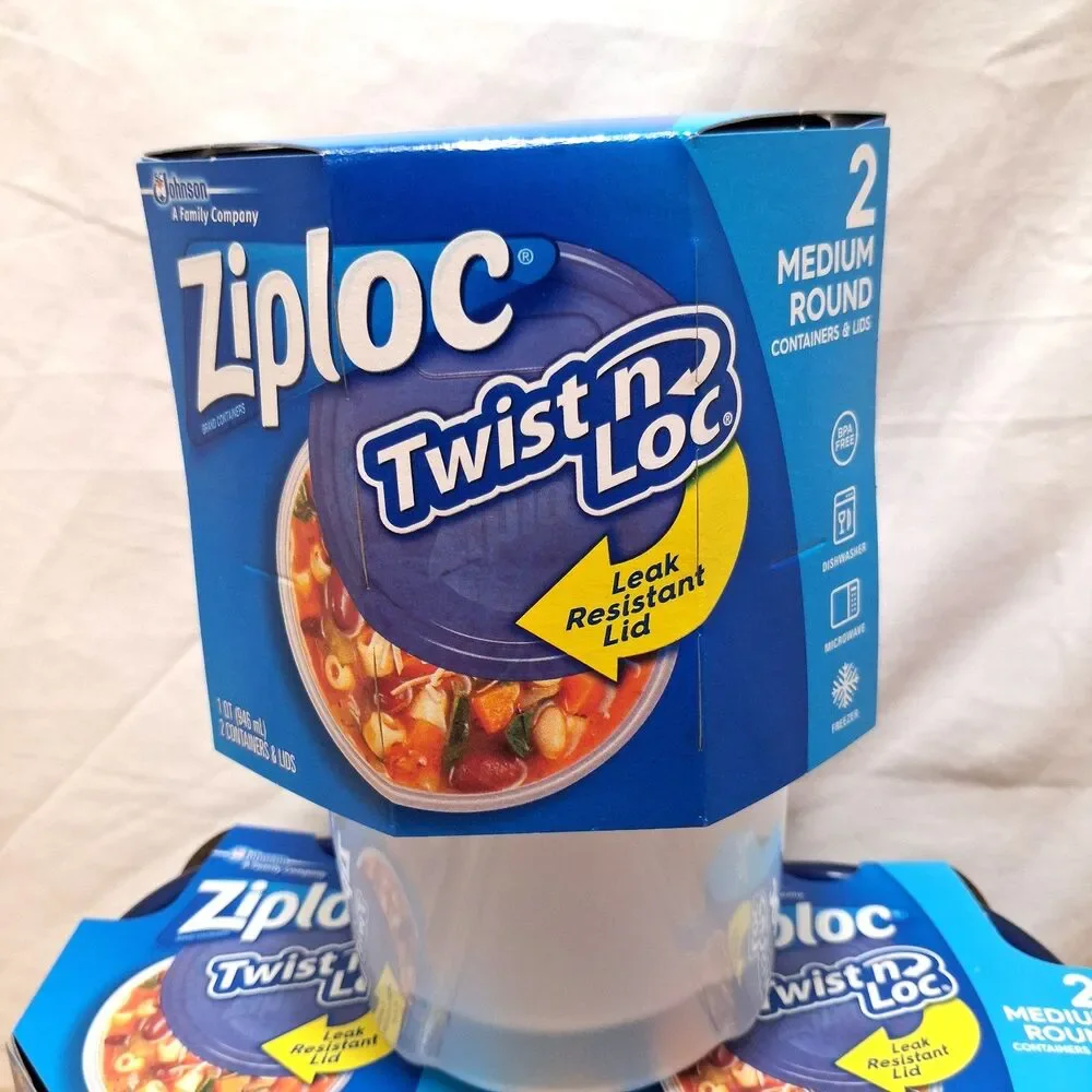 Lot of 3 NEW Ziploc Twist n Loc 2 Medium Round w/Lids 1 Quart Leak Resistant Lid